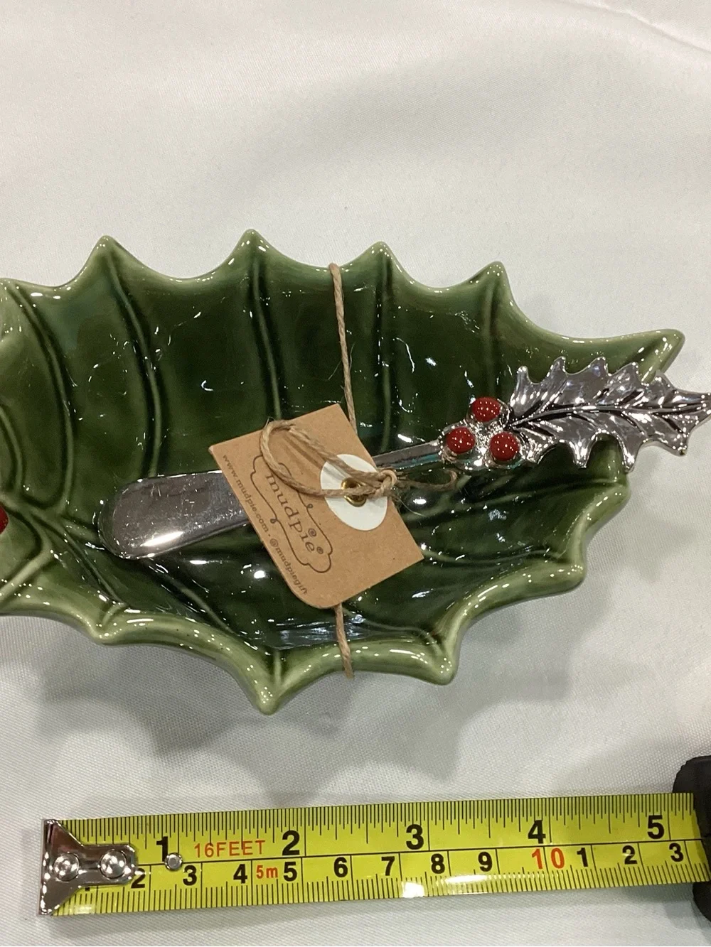 Mud Pie Green Holly Leaf Serving Dish with Silver Holly Spreader